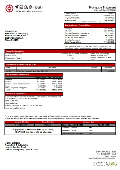 Relevé hypothécaire bancaire de la Banque de Chine de Hong Kong scr
